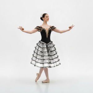 Vestido de Ballet Estilo Español, Blanco y Negro, Tutú Romántico, Disfraz Profesional con Falda de Encaje en Capas para Kitri - Product Image 2