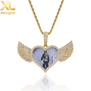 One Custom Heart Wings Photo Pendant Necklace Memory Bling Iced Out Bling Zircon Pictures <b>Rope</b> <b>Chain</b> Hip Hop Sublimation Jewelry - Product Image 1