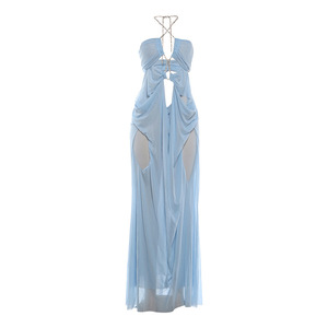 Vestido largo de mujer con cuello halter de pedrería, malla transparente y abertura alta, a la moda - Product Image 3