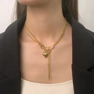 Chaîne en acier inoxydable plaquée or 14 carats hip-hop pendentif amour unique glands double chaîne collier femme