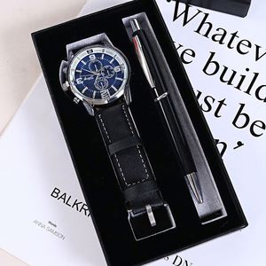 Ensemble cadeau de luxe exquis pour homme : montre-bracelet à quartz en cuir PU et stylo à bille, personnalisable avec logo, idéal pour les promotions - Product Image 1