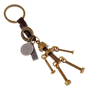 Hot selling retro metal robot keychain hand and foot can be movable cowhide woven key chain promotional gifts wholesale