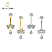 Perhiasan Tindik Pusar Lengkung Berlapis Emas Titanium 14G dengan Hiasan Bunga 6 Marquise CZ dan Batang Berulir
