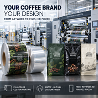 Sachet de café personnalisé à fond plat avec valve et fermeture éclair refermable, emballage alimentaire de qualité alimentaire pour café