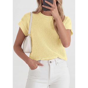 Chaleco de punto para mujer, top de ganchillo transpirable con manga casquillo, atuendo de verano, amarillo claro, ropa casual - Product Image 4