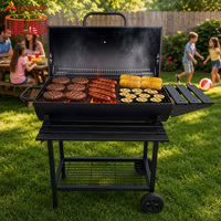 Barbecue fumoir robuste au charbon de bois, barbecue à fût émaillé avec étagères pliantes et roues pour camping en extérieur et jardin