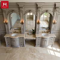 Meuble-lavabo double de luxe Happy Houses en bois massif gris de style européen avec station de toilette centrale et pilastres corinthiens