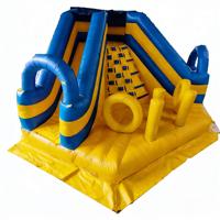 Mur d'escalade gonflable écologique en PVC de la marque DST bleu et jaune, combo d'obstacles interactif pour enfants, château gonflable avec jeu de lancer d'anneaux
