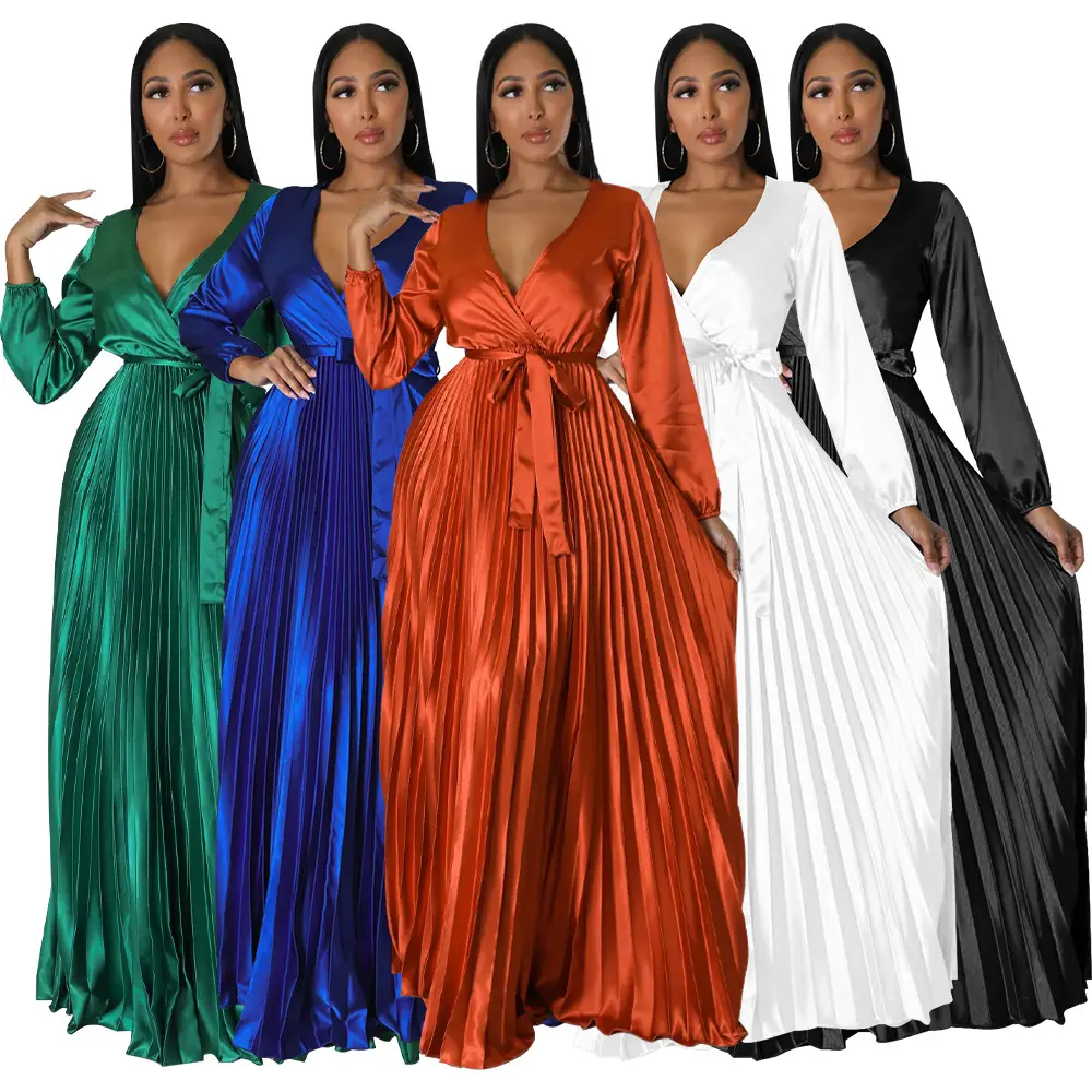 10334 dernière conception printemps automne robes femmes décontracté Maxi robe dames couleur unie col en v lanterne manches robe plissée