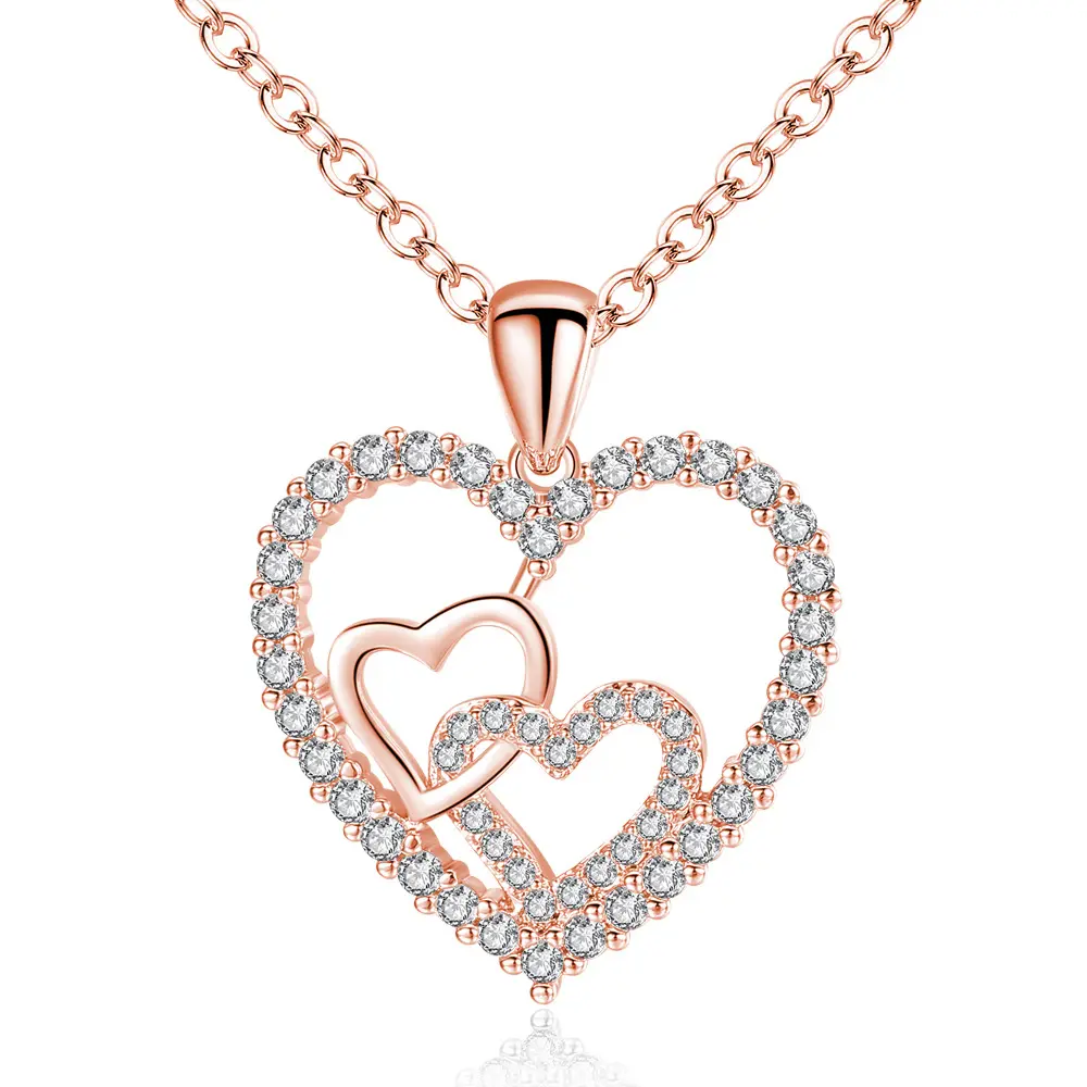 Amor colar clássico rosa de ouro 14k, joias femininas, design clássico, colares com pingente de coração triplo de zircônia cúbica