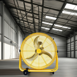 Ventilateur cylindrique portable en métal jaune de 30 pouces, 3 pales courbées, refroidissement par air, utilisation extérieure, domestique, garage, hôtel, industrie, montage au sol - Product Image 6