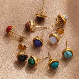 Multi Color Natural Stone 18K Gold Plated PVD Stainless Steel <b>Stud</b> <b>Earrings</b> for Women | Hypoallergenic, Non-Fading & Waterproof - Product Image 3