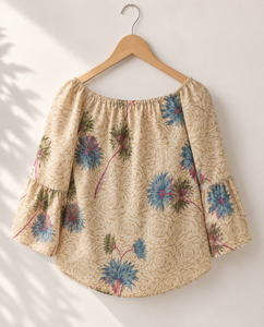 Vintage Floral Silk Bell Sleeve <b>off</b> <b>Shoulder</b> Crop <b>Top</b> <b>with</b> Adjustable Drawstring Neck and <b>Ruffles</b> - Product Image 5