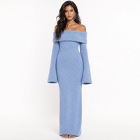 Robe en tricot pour femme avec logo personnalisé, tricotée, manches longues, épaules dénudées, couleur unie, mode hiver, mélange de polyester, usine OEM & ODM