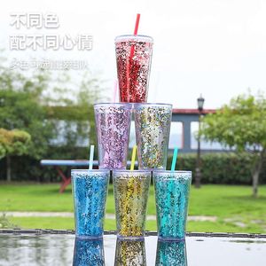 RTS Stock 16Oz 480Ml Glitter Sequin Double-Layer <b>Plastic</b> <b>Straw</b> Cup Flat Lid Milk Tea Cold <b>Drink</b> Tumbler Mug Cup With <b>Straw</b> - Product Image 5