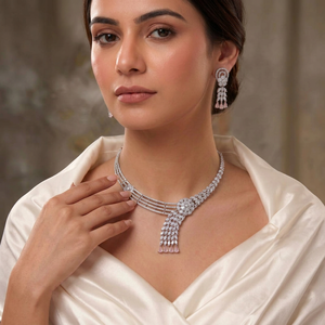 Luxury Brass American Diamond Necklace Set <b>Silver</b> Plated Cubic Zirconia <b>Choker</b> Bridal Jewelry Set with Ruby Red Drops - Product Image 2