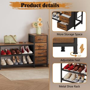 SENYU Industrial Style <b>Shoe</b> <b>Rack</b> with 3 Shelves and 4 Drawers Wood and Metal Entryway Storage Bench Modern Home Furniture - Product Image 3