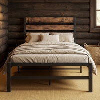 Cadre de lit plateforme rustique vintage avec sommier à lattes en fer robuste pour appartement, chambre, hôtel, école – Installation facile