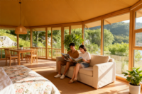 Tente de glamping de luxe semi-permanente personnalisée, double, quatre saisons, 2 chambres, salon, toile PVC, imperméable, ignifuge, anti-UV, structure en acier