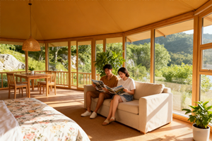 Tente de glamping de luxe semi-permanente personnalisée, double, quatre saisons, 2 chambres, salon, toile PVC, imperméable, ignifuge, anti-UV, structure en acier - Product Image 2