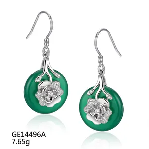 Grace Agate Green Lucky 925 Sterling Silver Round Jade Drop Earrings