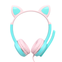 Headphone Game Berkabel Merah Muda Telinga Kucing Lucu, Headset Game Rgb dengan Mikrofon untuk Anak Perempuan