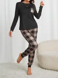 Spring Summer Long Sleeve Home Wear 2 Piece Nightwear Pajama Woman Going Out Suit Plaid Nightwear