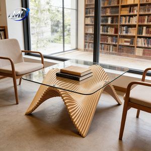 Mesa de Centro Contemporánea con Tapa de Vidrio y Base de Madera, Diseño Arquitectónico Paramétrico Moderno, Mueble para Sala de Estar, Ecológico y Duradero - Product Image 3