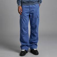 Celana Cargo Pria Model Barrel Leg Vintage Warna Biru Dicuci dengan Panel Lutut Ganda, Kantong Lipat, Tali Serut, Kancing Pinggang, Streetwear, Logo Custom