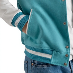 <b>Men's</b> Turquoise Varsity <b>Jacket</b> with White Sleeves Mandarin Collar Ribbed Trim Casual <b>Fleece</b> Outerwear Breathable Winter Wear - Product Image 5