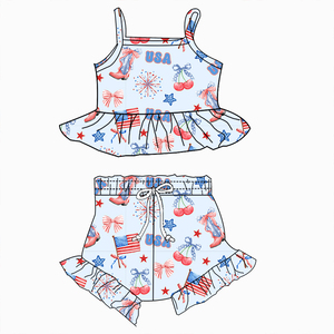 Completo per Bambine per il 4 Luglio, Top con Volant e Pantaloncini in Tessuto Milk Silk, Set 2 Pezzi, Abbigliamento Patriottico per Bambini per la Festa dell'Indipendenza - Product Image 2