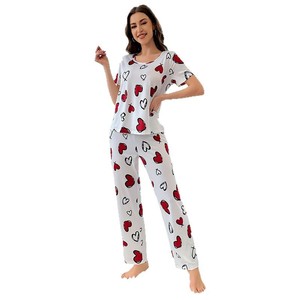 <span class=keywords><strong>Pigiama</strong></span> Estivo in Seta di Latte con Stampa a <span class=keywords><strong>Cuori</strong></span>, Stile Casual Europeo-Americano, Comodo Completo da Casa con Maniche Corte e Pantaloni - Product Image 5
