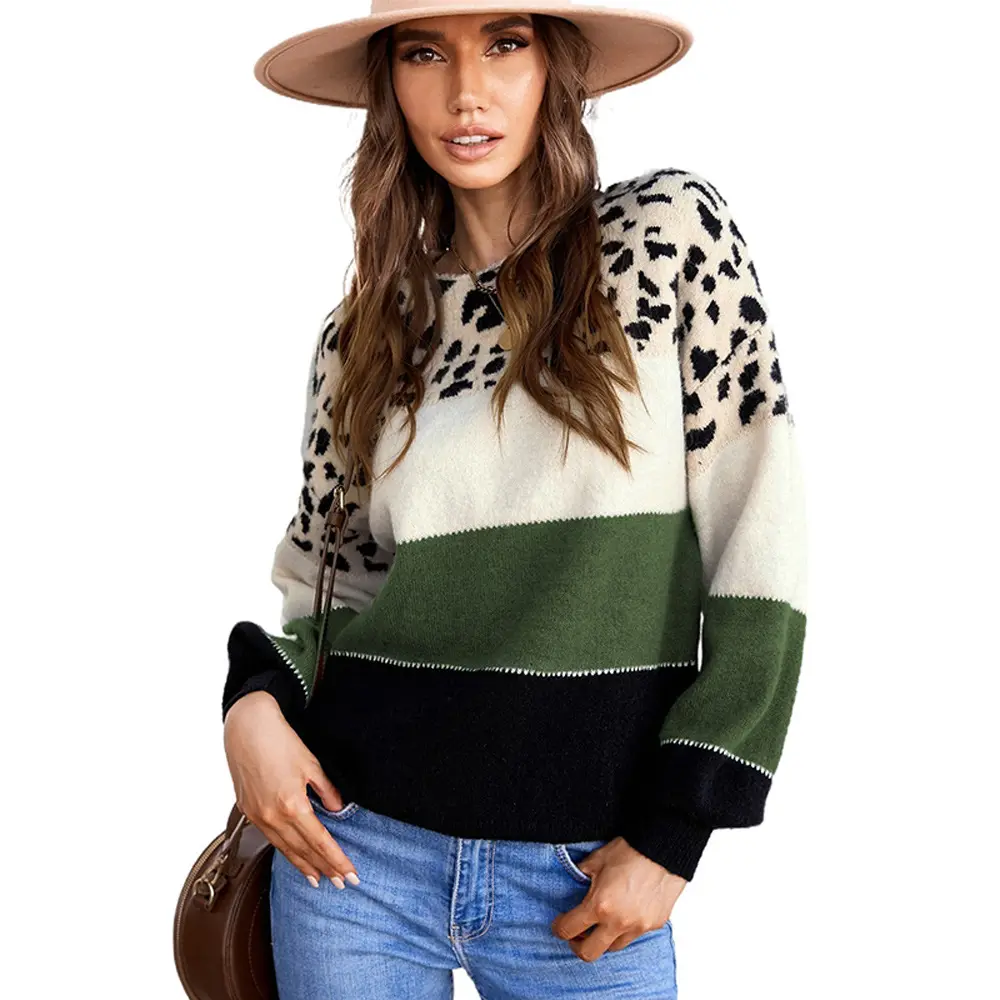 2022 Winter New Contrast Colors Slimming Sweater Women's High Quality Stylish Loose Round Neck Base Sweater Top