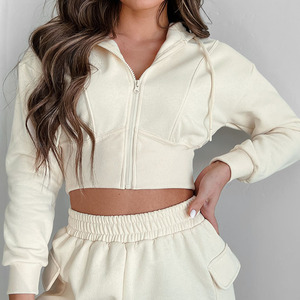 <span class=keywords><strong>Felpa</strong></span> Casual da Donna <span class=keywords><strong>con</strong></span> <span class=keywords><strong>Cappuccio</strong></span> e Logo Personalizzato, Modello Crop Top in Spugna Francese <span class=keywords><strong>Beige</strong></span> <span class=keywords><strong>con</strong></span> Zip Frontale e Coulisse, Ideale per Fitness - Product Image 4