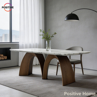 Table à manger moderne de luxe rectangulaire avec plateau en marbre, base en bois de chêne massif, pieds arqués, extensible et pliable, pour usage hôtelier