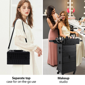 Double Aluminum Rolling <b>Makeup</b> Train <b>Case</b> Black Cosmetic Trolley with Tray Storage Organizer for Travel Salon - Product Image 3