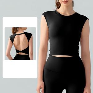 Wholesale Women Twist <b>Open</b> Back Sleeveless Yoga Crop Tanks Stretch Slim Athletic Tank Tops Built in <b>Bra</b> Gym Fitness Activewear - Product Image 1