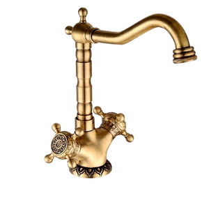 Modern Brass Kitchen Faucet Dual Cross Handle Swivel Spout Mixer <b>Tap</b> Bathroom <b>Basin</b> Double Handle High Arch Spout Brushed Gold - Product Image 1