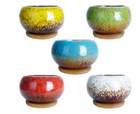 Ins — Pots de plantes de Cactus en céramique, avec plateau en bambou, Pot de fleurs rond moderne émaillée, conteneur pour décorer