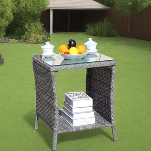 Mesa de Centro para Patio Exterior con Cubierta de Vidrio Templado Transparente, Estructura Tejida y Estante de Almacenamiento, Muebles de Jardín - Product Image 5