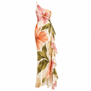 Vestido largo de verano con estampado floral para mujer, de un solo hombro, con volantes asimétricos y espalda descubierta, para fiesta. - Product Image 1