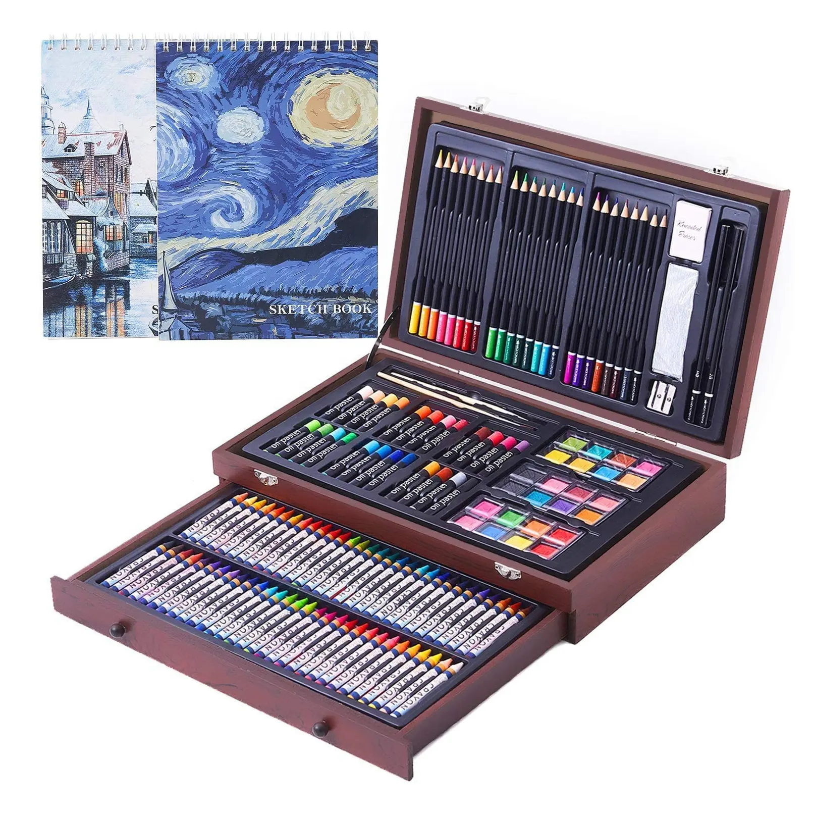 Set di arte 145pcs di alta qualità di arte set di colorazione includono pastelli, pastelli ad olio, acquerello e così via in scatola di legno per art set per adulti