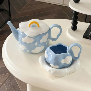 Wholesale Irregular Handmade Creative Ceramic Mug Blue Sky Drawn Cute Teapot Mugs Ceramic Coffe... product image