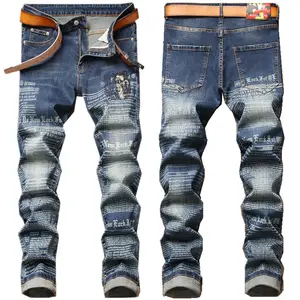 Nova chegada Personalizar OEM Logo Primavera casual impresso azul denim comum tiro calças de algodão juventude mid-waist spot Denim Jeans