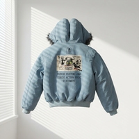 Blouson Bomber Unisexe Personnalisé en Toile Bleue Délavée à l'Acide, Coupe Oversize, avec Grande Capuche en Fausse Fourrure, Doublure Sherpa, Motif Lettres, Multi-automne