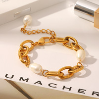 Pulsera de Cadena Gruesa de Acero Inoxidable con Baño de Oro de 18K y Perlas de Agua Dulce, Joyería de Lujo para Mujer