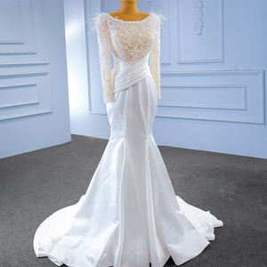 Jancember RM67482 Robes de mariée sirène traditionnelles à manches longues en satin plume pour femmes - Product Image 3