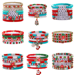 Polymer Clay <b>Beaded</b> <b>Bracelet</b> Set Christmas Jewelry Holiday Gift Unisex Charm <b>Bracelets</b> Red Green White Santa Claus Snowflake - Product Image 1