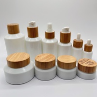Botol Pompa Kaca Kosmetik Kemasan Jar Krim 15g-200ml Botol Lotion Kaca Opal Putih Miring Pompa/Botol Tetes/Tutup Bambu