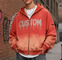 Sweat à capuche zippé pour homme, personnalisé, de qualité supérieure, style vintage streetwear, coupe oversize, effet délavé à l'acide, avec logo en strass